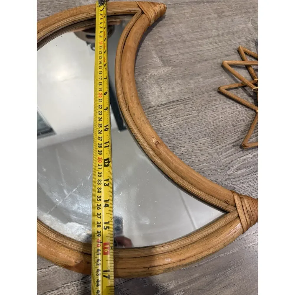 Vintage Crescent Moon Mirror Rattan 17”long Boho & 12” Sun